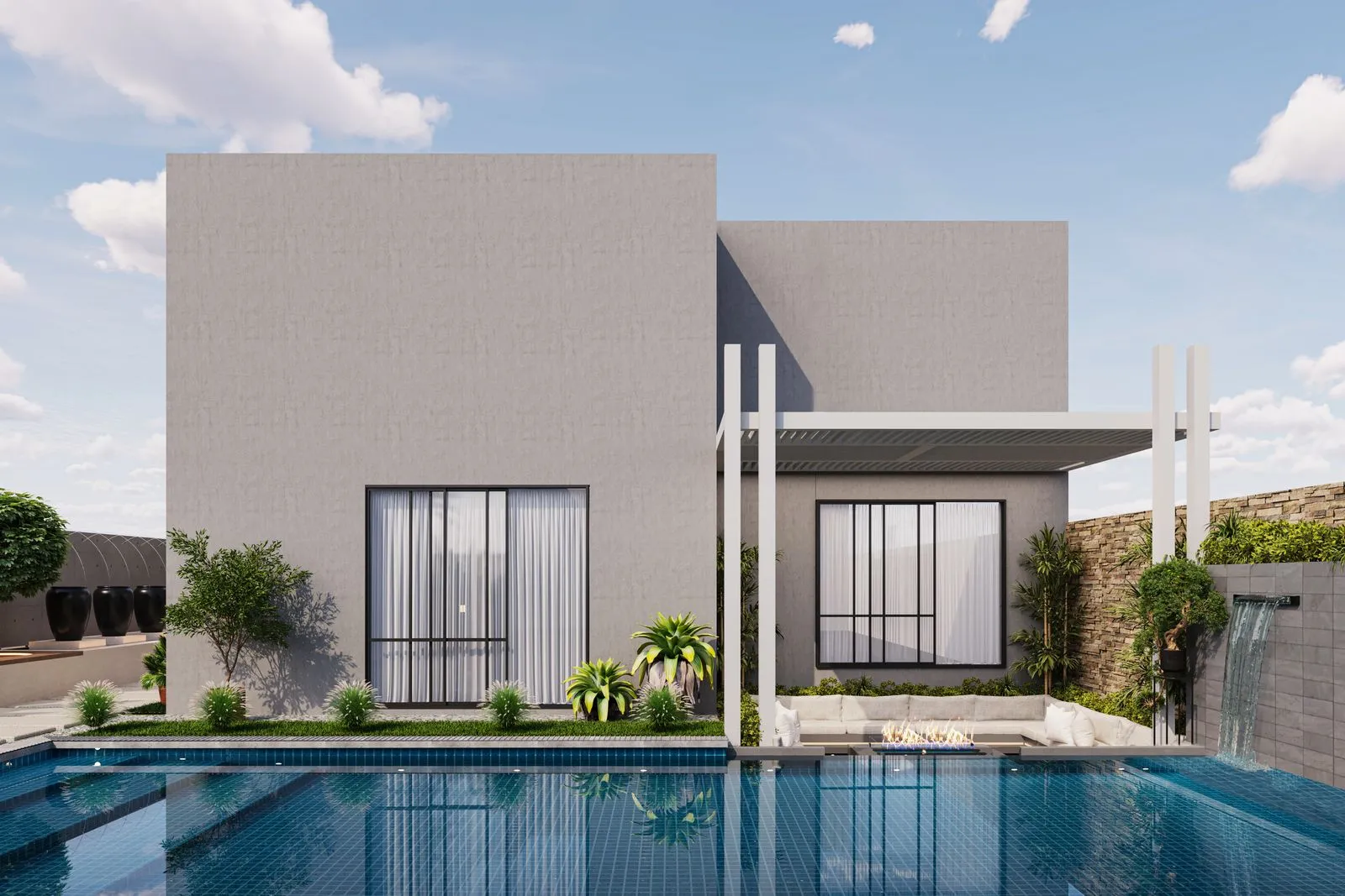 Modern villa medencével és visszafogott, minimalista kerttel